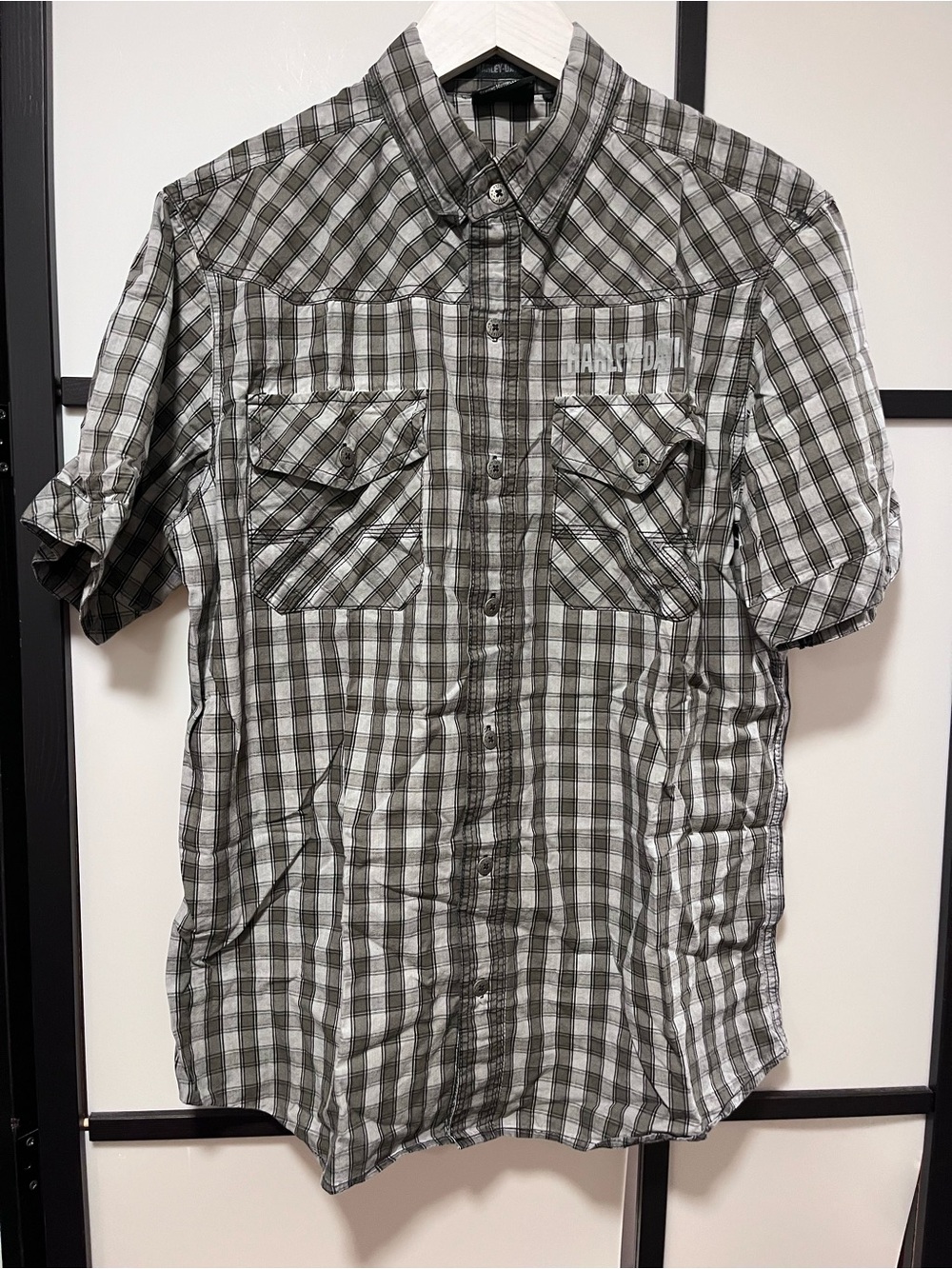 Harley-Davidson Men's Plaid Short Sleeve Button Up Shirt Gray Size M Genuine